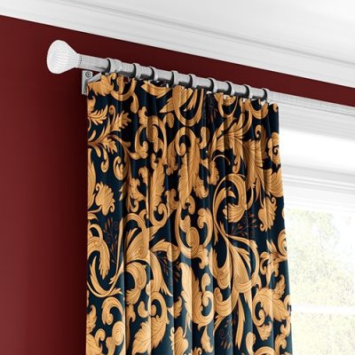 Κουρτίνα με Χρυσοκίτρινο Μπαρόκ Μοτίβο και Πολυθεσική Τρέσα σε Βαθύ Μπλε