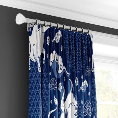 Κουρτίνα Μπλε με Λευκά Σύννεφα και Λουλούδια - Κουρτίνα με Πολυθεσική Τρέσα