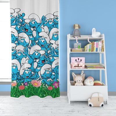 Παιδική Κουρτίνα με Γαλάζιες Φιγούρες και Λουλούδια - Κουρτίνα με Πολυθεσική Τρέσα