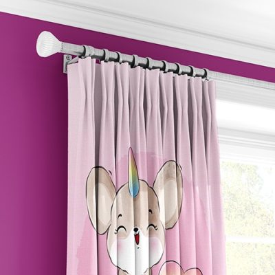 Παιδική Κουρτίνα με Μονόκερο και Αρκουδάκι - Κουρτίνα με Πολυθεσική Τρέσα σε Απαλό Ροζ