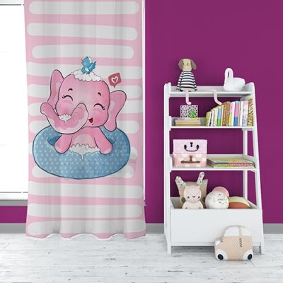 Παιδική Κουρτίνα με Ροζ Ελεφαντάκι, Μπλε Σιρίτι και Πολυθεσική Τρέσα