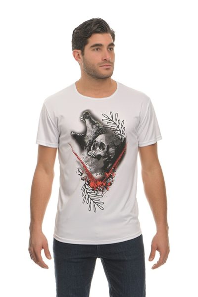 Ανδρικό T-Shirt με Κρανίο και Φύλλα σε Λευκό
